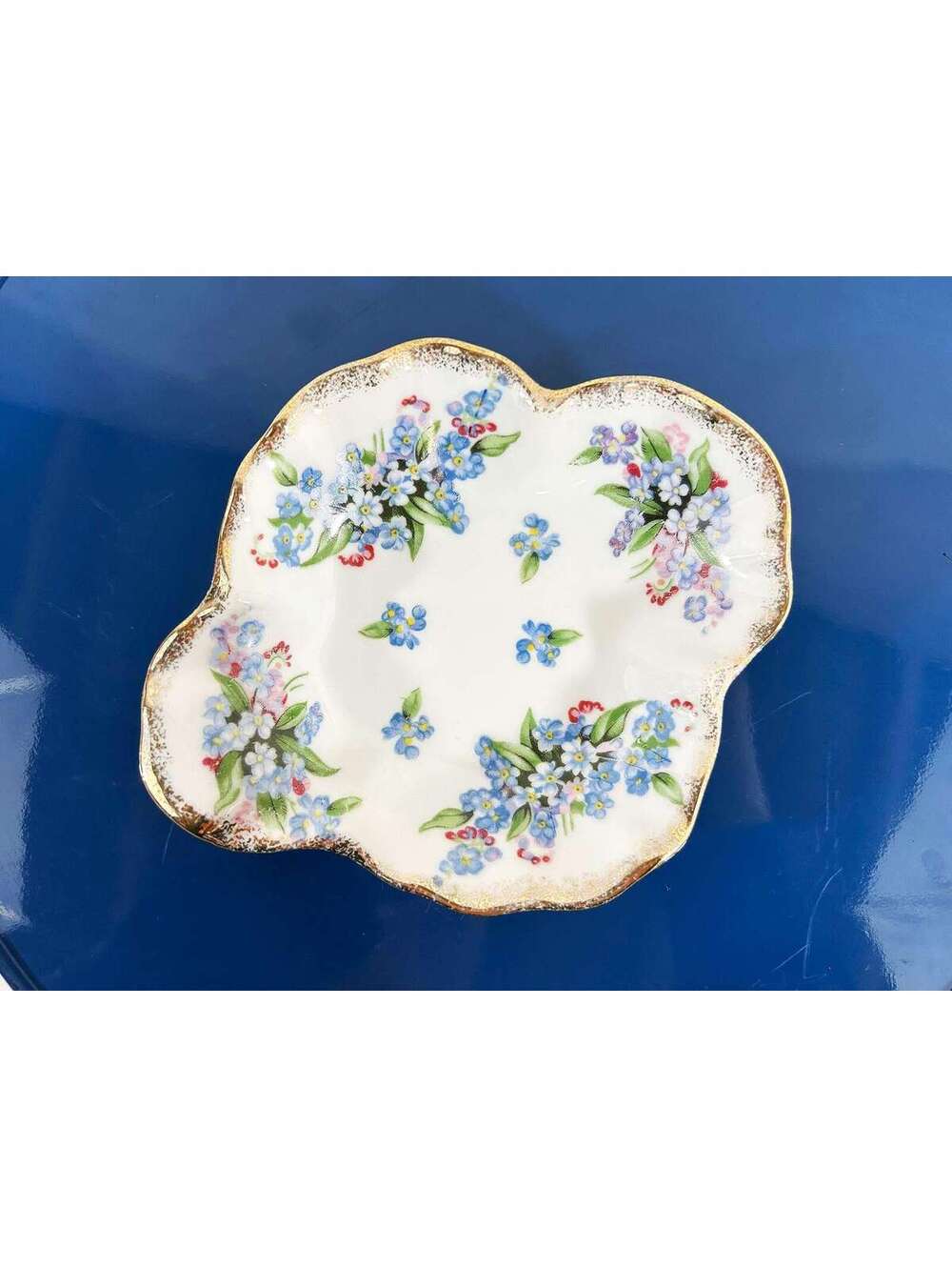 Royal Crown Hand Painted Floral Dish – Blue Pink Flowers 1960s Porcelain